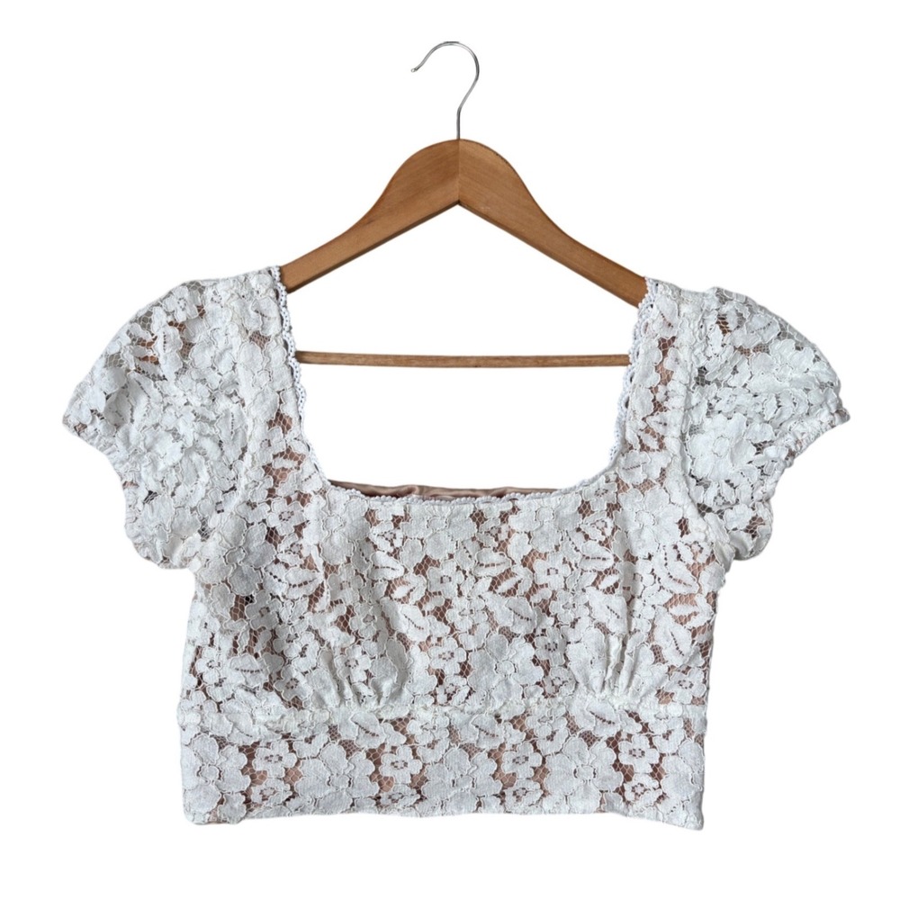 Lottie Moss Crochet Coquette Peasant Fairy Lace Crop Top Square Neck Side Zip M